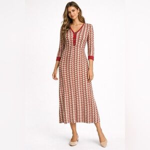 Boden Printed Midi Dress Red Brown Cream V-Neck Button Detail Size 12R